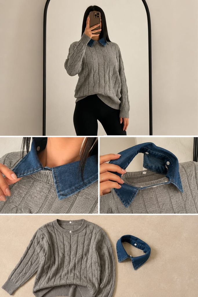 Buzo hilo gris trenzado oversize  + Cuello Jeans desmontable